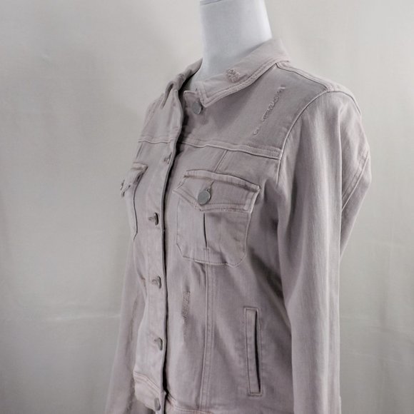 NWOT Dear John Beige Denim w Factory Distress & 4 Pockets Trucker Jean Jacket S - Picture 8 of 14